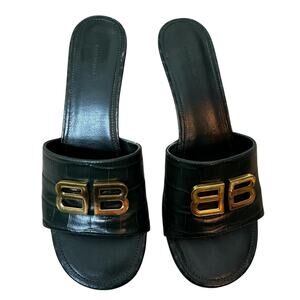 Balenciaga Groupie BB Sandal in Green Croc-Embossed Calfskin leather Size 37.5